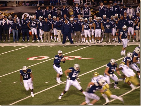 BYU quarterback Max Hall prepares to pass against UCLA in the 2007 Las Vegas Bowl