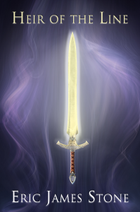 Cover of Heir of the Line by Eric James Stone, with the image of a sword glowing yellow against a purplish background