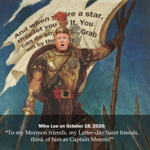 Photoshopped picture of Trump's head on the body of Captain Moroni, with a partially obscured banner reading "And when you’re a star, they let you do it. You can do anything... Grab ‘em by the pussy."